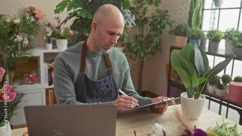 Bald man with beard in apron writing in flower shop with laptop and plants photo