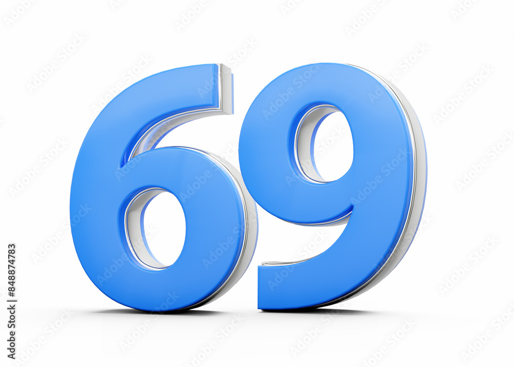3D Number 69 Sixty Nine Made Of Blue Body With Silver Outline On White Background 3D Illustration