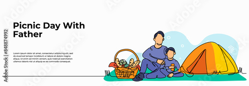 Vector illustration of picnic with father. Modern flat in continuous line style.