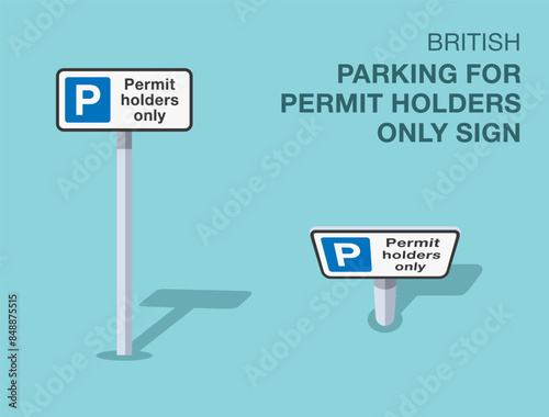 Traffic regulation rules. Isolated British "parking for permit holders only" road sign. Front and top view. Flat vector illustration template.