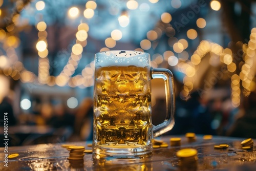 Frosty Beer Mug in Vibrant Outdoor Festive Setting with Warm Bokeh Lighting photo