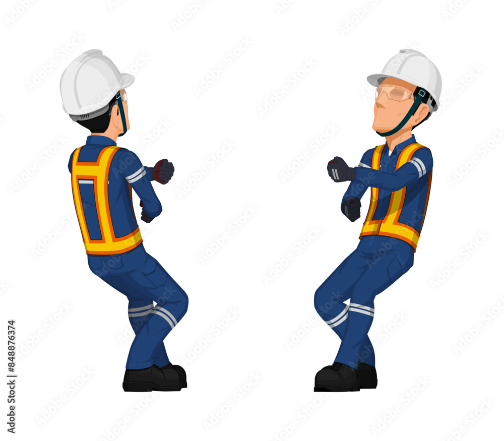 worker is pulling something over his head worker is pulling something over his head