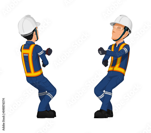 worker is pulling something over his head