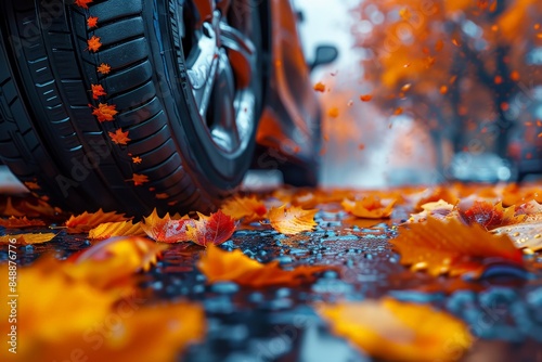 Close-up of Car Tire Rolling Over Wet Asphalt Covered in Vibrant Autumn Leaves with Raindrops Reflecting Fall Colors in Urban Street Settingautumn