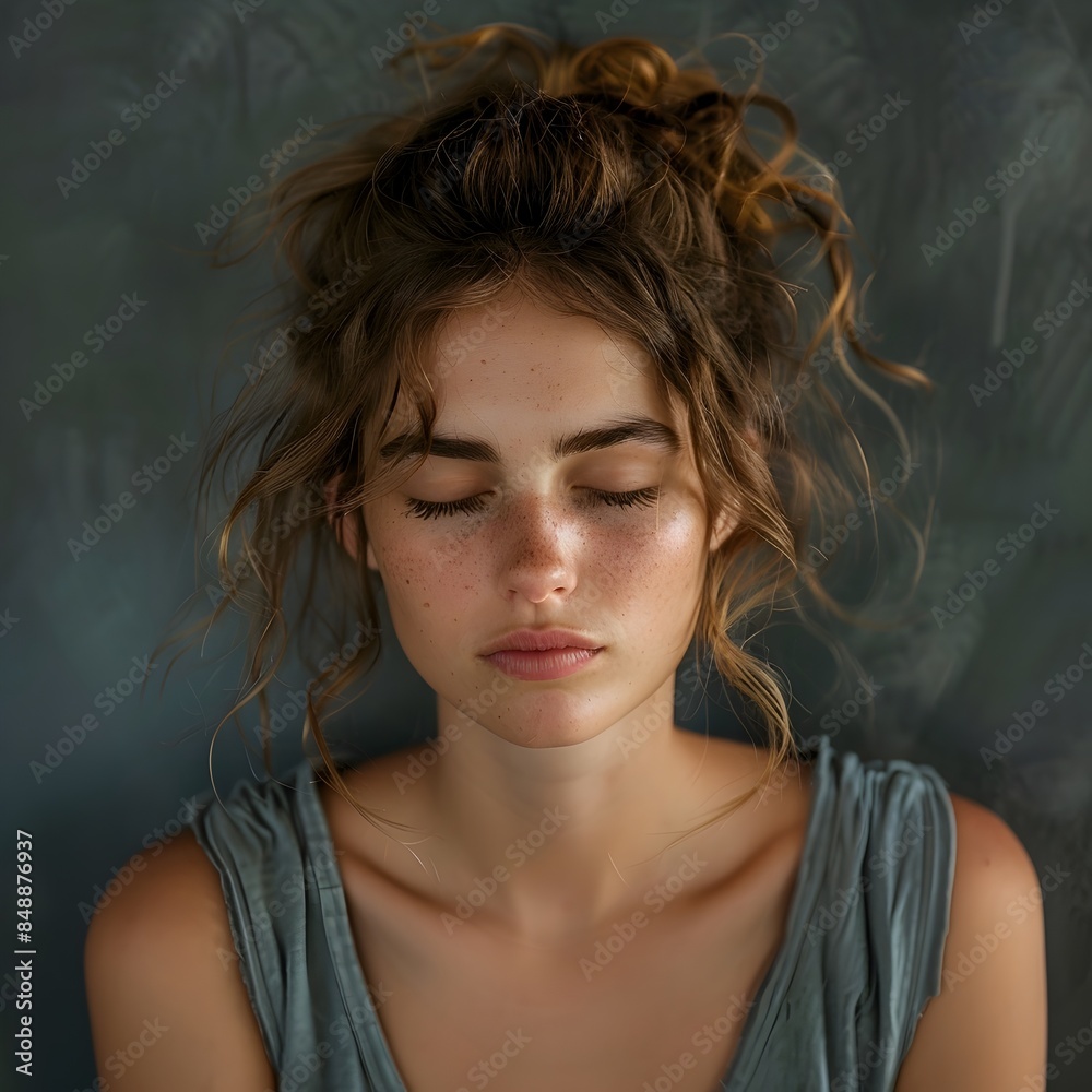 Exhausted Woman with Eyes Closed Shoulders Slumped in Thoughtful Contemplation Exhausted Woman with Eyes Closed Shoulders Slumped in Thoughtful Contemplation