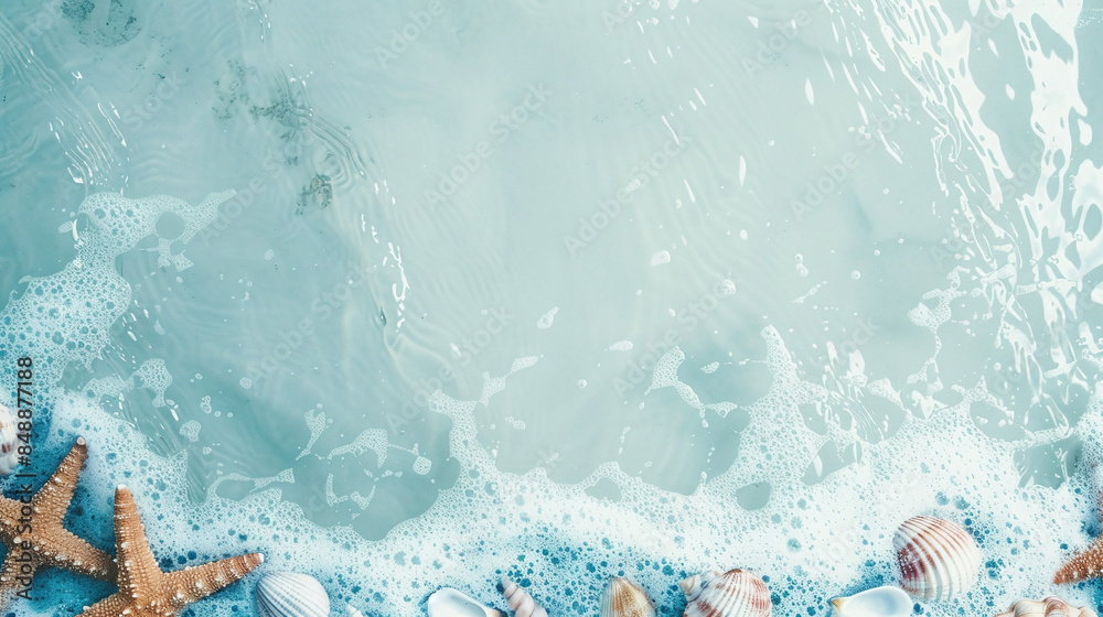 Naklejka premium Seafoam Beach Background with Starfish and Shells
