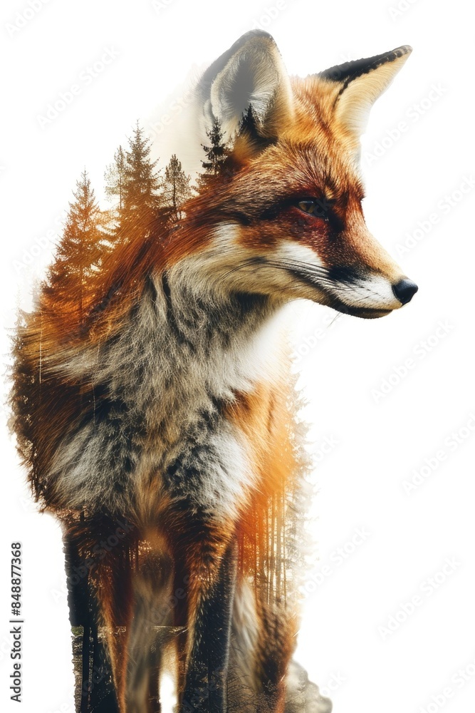 Obraz premium Majestic Double Exposure Fox Blended with Forest Landscape