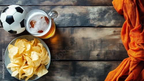 Beer, chips snack in a bowl, soccer ball and a orange fan scarf on wooden background top view with copy space. Watch match with friends on weekend. Football and leisure concept photo