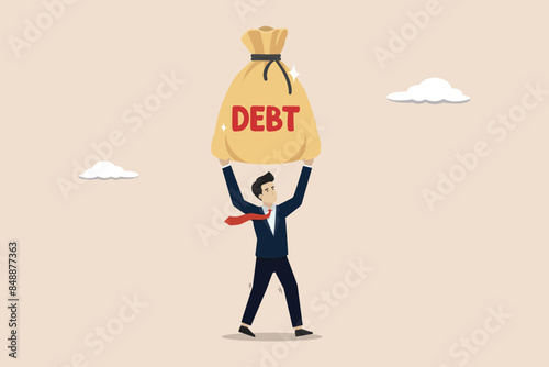 Overcoming the risk of debt burden from high interest rates, reducing the increase in loan interest rates, economic recession concept, business people lifting heavy loan interest rates.