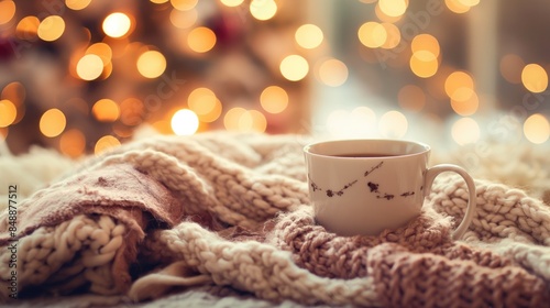 Wallpaper Mural Mug with hot coffee on knitted wool scarf on bokeh background. The concept of cozy autumn atmosphere Torontodigital.ca