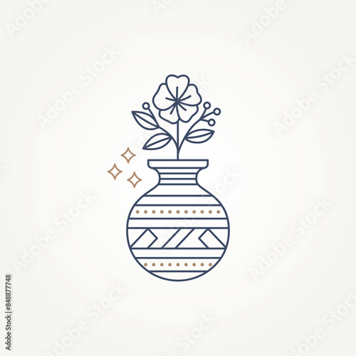 isolated beauty flower on vase with pattern line art icon logo badge vector illustration design