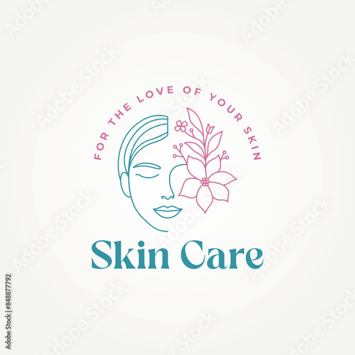 minimalist beauty woman face with plant flowers line art label logo vector illustration design. simple modern beauty salon, massage, spa, cosmetics logo concept