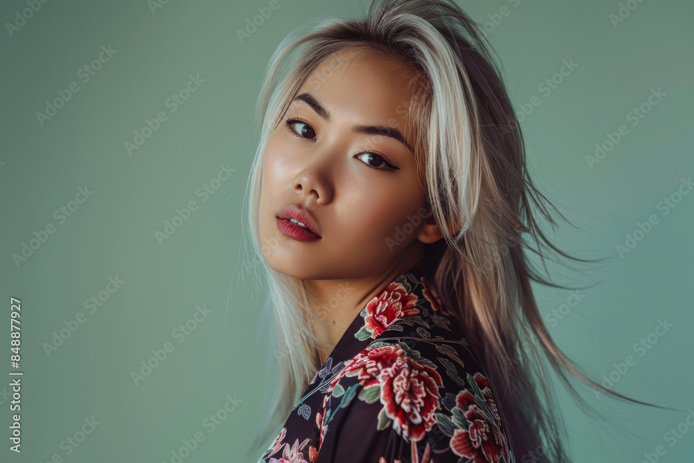 A portrait of a serene woman with flowing silver hair, exuding grace and confidence against a soft turquoise background. A portrait of a serene woman with flowing silver hair, exuding grace and confidence against a soft turquoise background.
