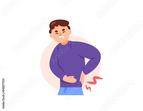 illustration of man holding his hip because of pain. hip or low back pain. symptoms, inflammation, or muscle pain. expression of pain. health problems. character illustration design. graphic elements