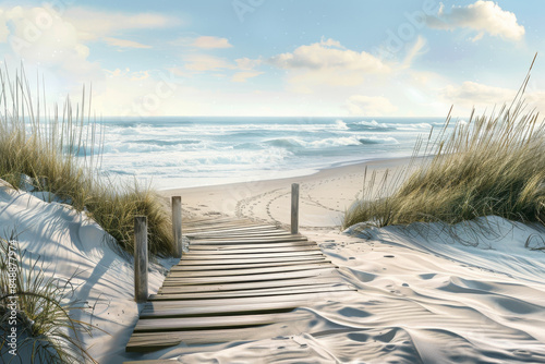 A picturesque wooden walkway leads through grassy dunes to a tranquil beach, where waves gently meet the shore under a clear blue sky.