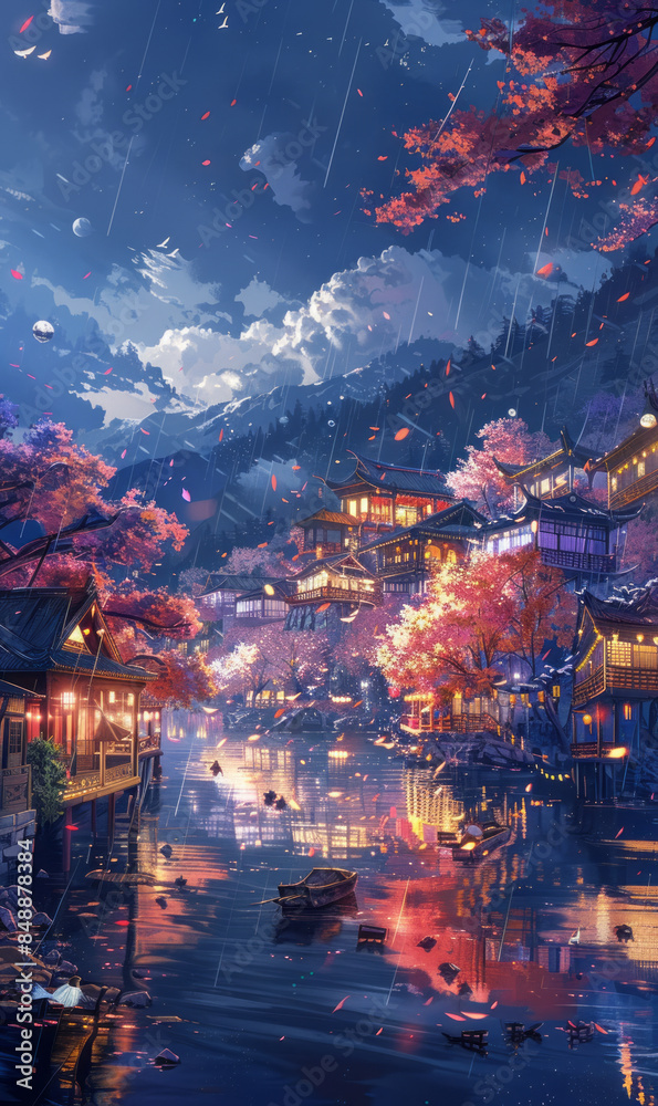 Obraz premium Thousands of trees are blooming in the easterly night, and the stars are raining down. thoroughbred horses carved cars are fragrant all over the road. generative ai