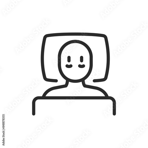 Insomnia, linear style icon. Person lying in bed with open eyes and dark circles under eyes. Unable to sleep. Editable stroke width