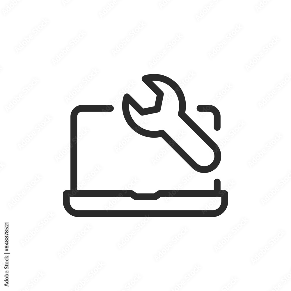 Laptop with wrench, linear style icon. computer repair or technical support. Editable stroke width. Laptop with wrench, linear style icon. computer repair or technical support. Editable stroke width.