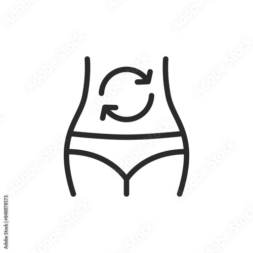 Digestion, linear style icon. Woman's abdomen with circular arrows. digestive process. Editable stroke width
