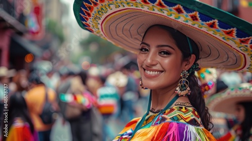 Vivid photo of a Mexican dark skinned woman in traditional attire, wearing big earrings and colorful sombrero