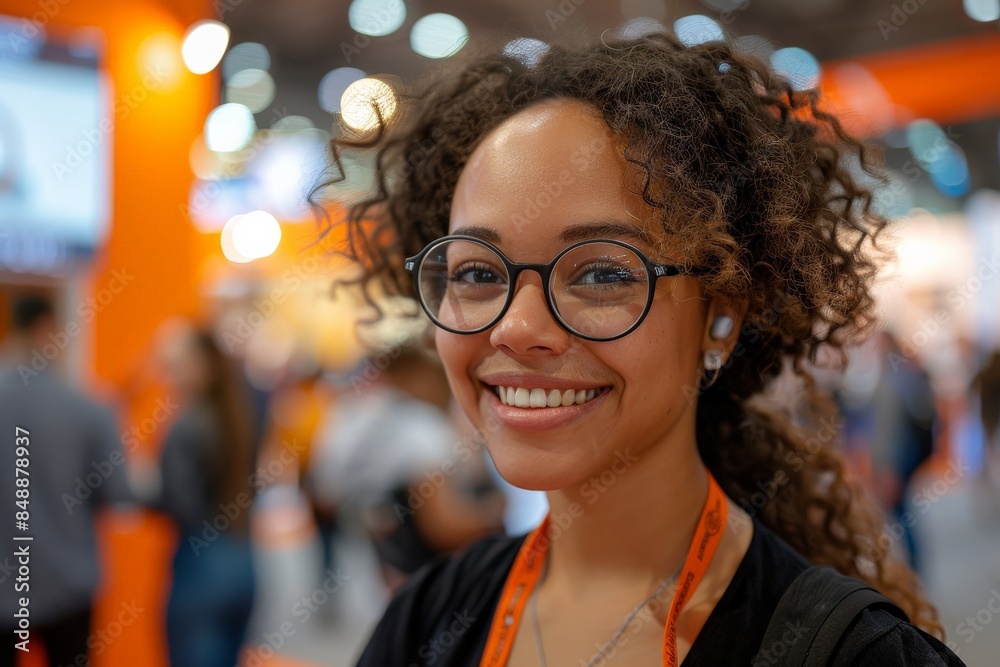 Obraz premium Young Woman with Glasses Smiling in a Vibrant Conference Environment with Orange Background and Bokeh Lights; Cheerful Attendee Enjoying the Eventsmiling woman