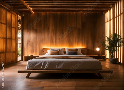 Pleasant peaceful hotel room bed in wooden plywood bedroom, restroom with dim light & romantic ambience, relaxing interior design photo