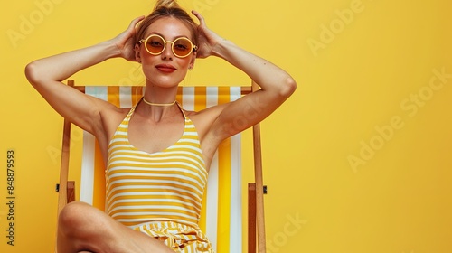 A young woman in a striped dress, sunglasses, and a relaxed posture sits in a deckchair against a yellow background. Generative AI