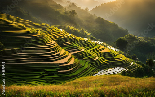 Sunrise over the terraced rice paddies, misty hills, peaceful early light