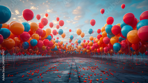 modern logistic warehouse, hundreds of colourful balloons coming out from main doors,generative ai photo