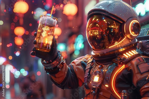 Futuristic Astronaut Celebrating in Neon Lit Urban Street with Glowing Drink Illuminated by Festive Lanterns and Vibrant Background Bokeh Effectsfuturistic