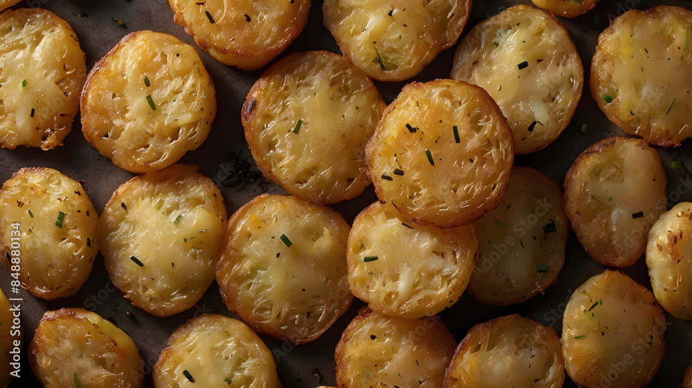 Tasty crispy golden yellow potato fried hash browns with garnished ...