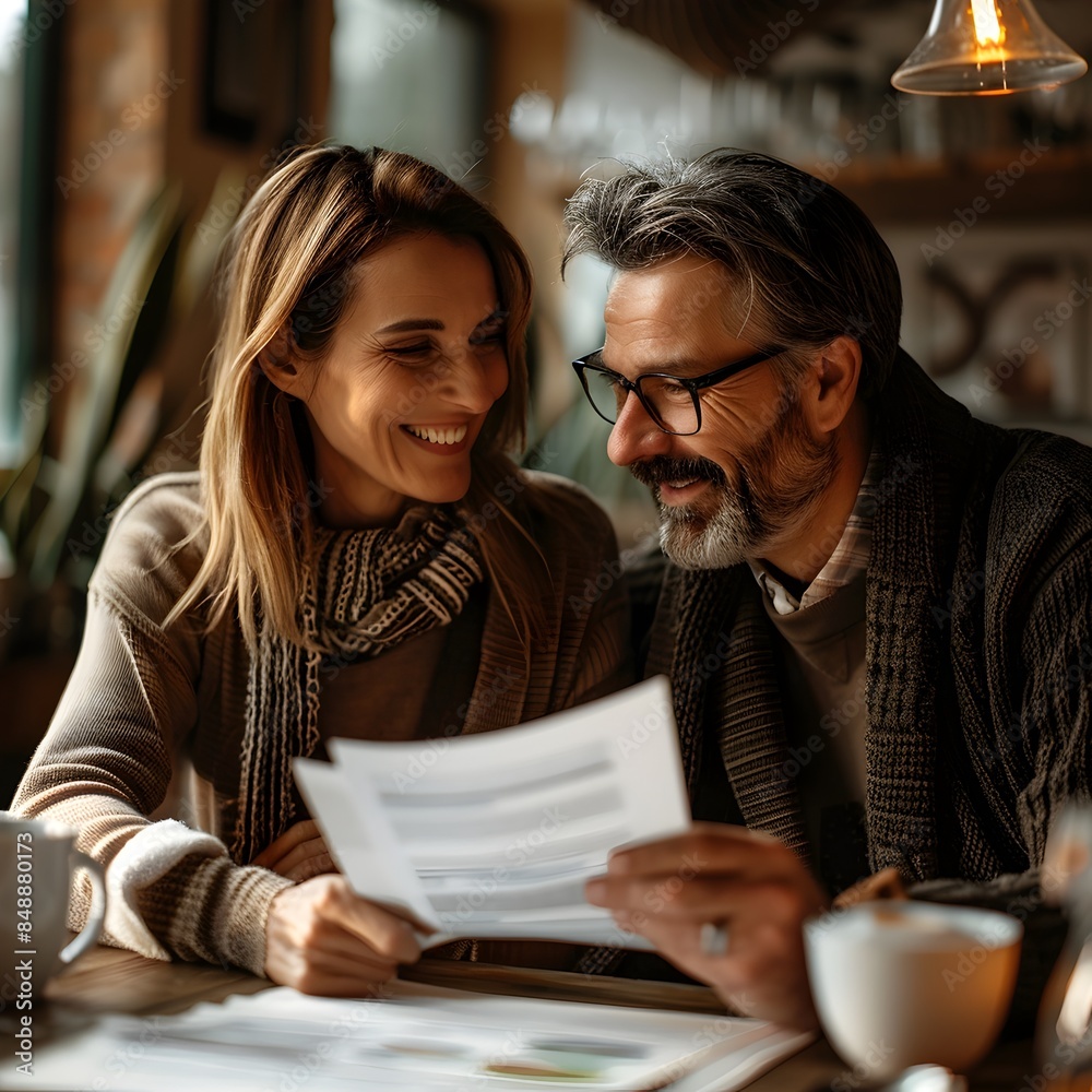 Fototapeta premium Satisfied Couple Review Financial Portfolio with Planner for Confident Future Planning