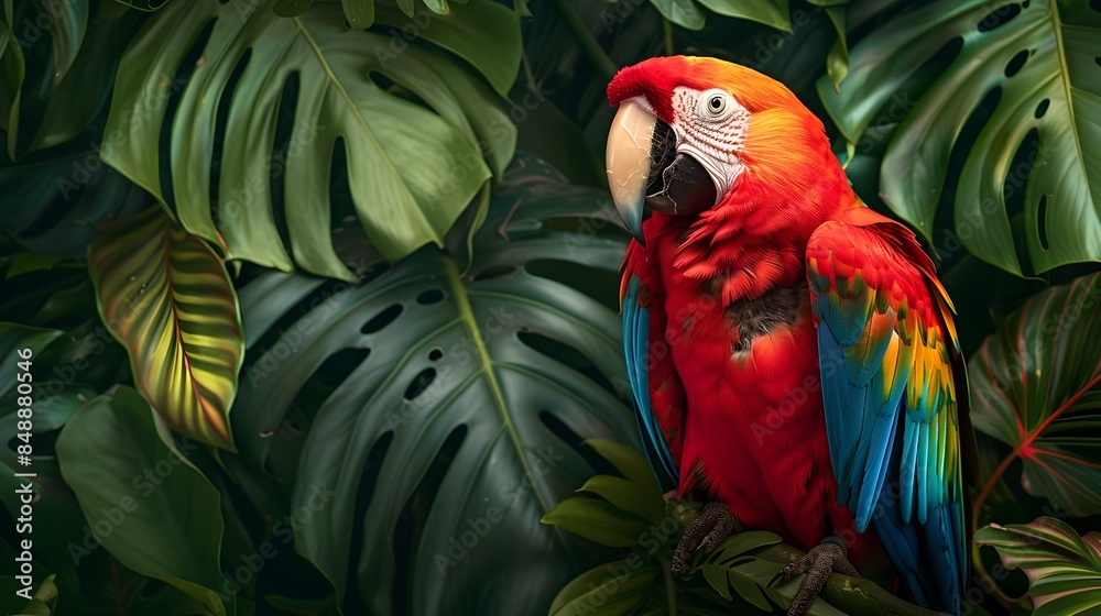 Obraz premium Vibrant Parrot Perched on Tropical Branch with Lush Foliage in the Background