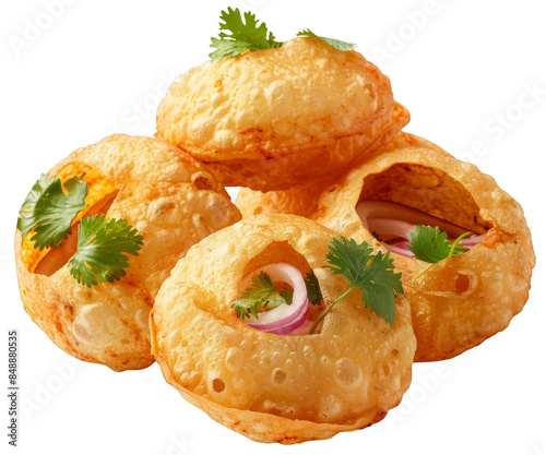 golgappa, Indian street food, filled with savory ingredients and topped with fresh cilantro and onions on isolated white background, transparent background. cut out. PNG