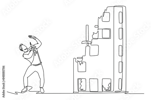 Earthquake safety concept. Single line draw design vector graphic illustration.
