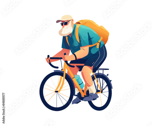 An elderly man is riding bicycle, tourism. Active sport for health and leisure activities. Senior man cycling outdoor. Healthy lifestyle. Vector illustration isolated on white background