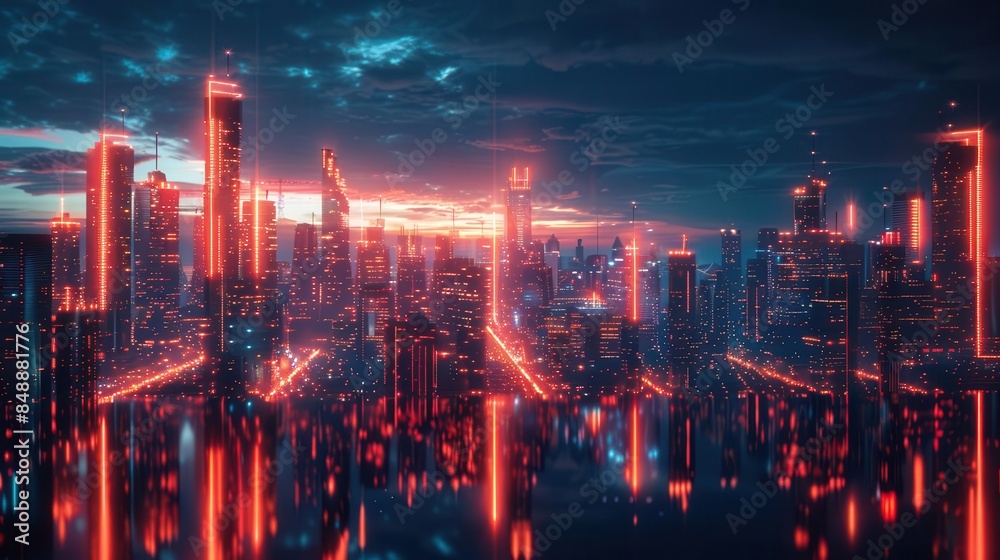 A futuristic cityscape illuminated by artificial intelligence applications