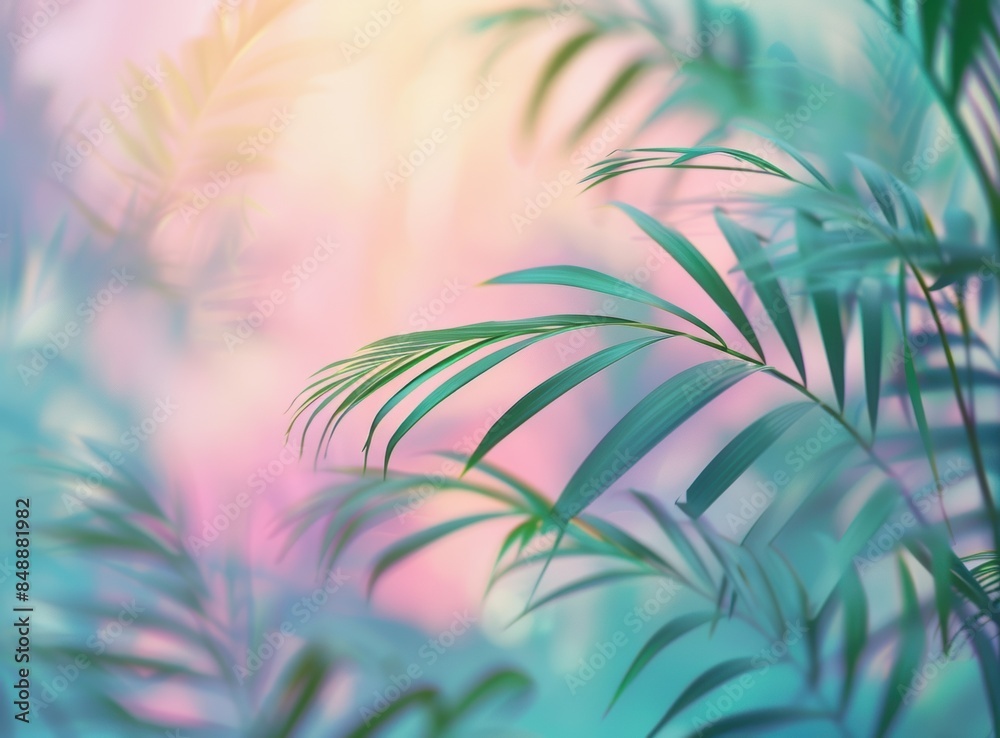 Delicate pastel palm leaves with a soft gradient background, featuring shades of pink, blue, and green