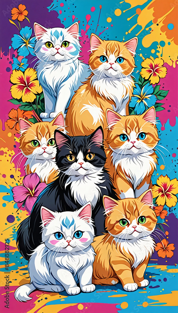Fototapeta premium Adorable watercolor portrait pictures of colorful cartoon kittens.