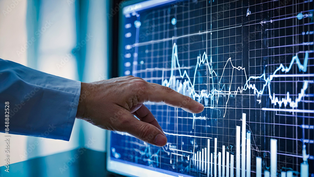 Doctor analyzing data growth chart for health and medicine business in a blue-toned hospital setting Doctor analyzing data growth chart for health and medicine business in a blue-toned hospital setting
