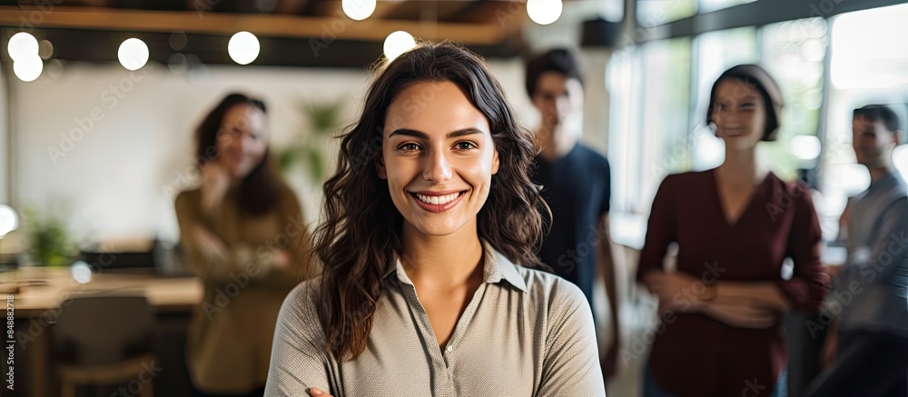 A young professional businesswoman smiling in a coworking space is shown in a portrait with her team looking at the camera with a creative office background and copy space image A young professional businesswoman smiling in a coworking space is shown in a portrait with her team looking at the camera with a creative office background and copy space image