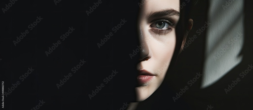 A shadowy portrait with half the face obscured against a copy space image A shadowy portrait with half the face obscured against a copy space image