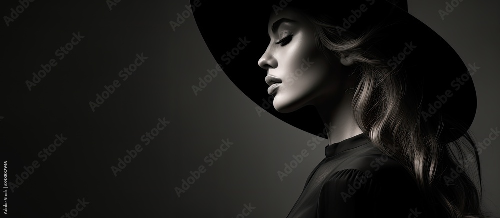 Beautiful girl in a hat poses in profile for a studio black and white photo with copy space image Beautiful girl in a hat poses in profile for a studio black and white photo with copy space image