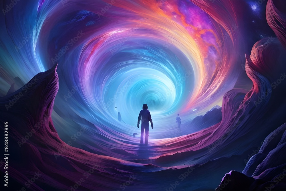 Fototapeta premium figures appear in a swirling vortex of colors, evoking a surreal and fantastical auditory hallucination. - visual and auditory hallucinations