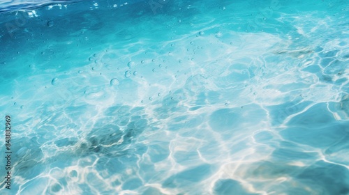 A tropical beach water pattern with vibrant turquoise water and delicate bubbles floating on the surface of the water.