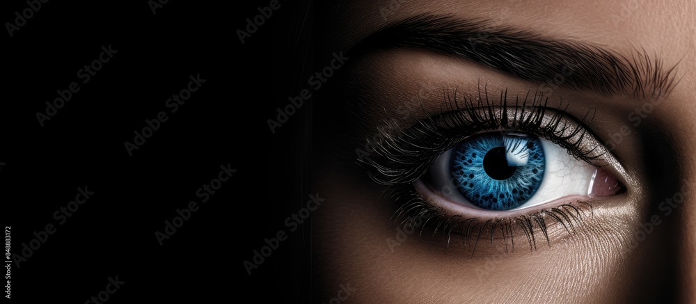 A woman with seductive blue eyes peeking through a keyhole creating a mysterious and intriguing image with copy space A woman with seductive blue eyes peeking through a keyhole creating a mysterious and intriguing image with copy space
