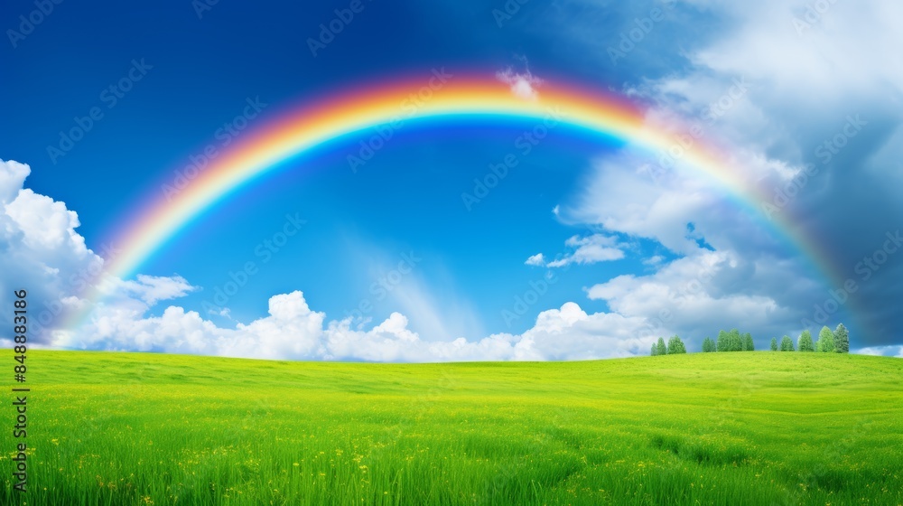 A vibrant rainbow arching over a lush green meadow, with fluffy white clouds dotting the clear blue sky. A vibrant rainbow arching over a lush green meadow, with fluffy white clouds dotting the clear blue sky.