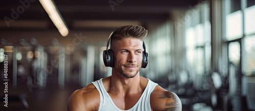 Muscular young man listening to music at the gym ready to build more muscle include copy space image photo