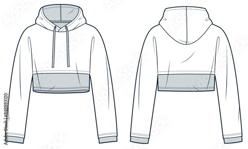  Cropped Hoodie technical fashion illustration. Sweatshirt fashion flat technical drawing template, hood, relaxed fit, front and back view, whit and grey, women, men, unisex Top CAD mockup.