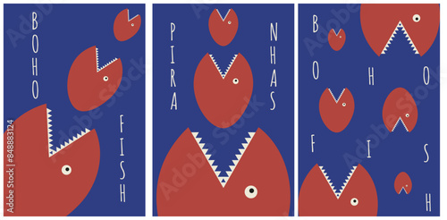 Boho Groovy freak posters cover design. Abstract Y2K fish card. Simple Naive vector illustration can used fisherman postcard. EPS 10